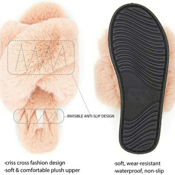 Pink Cross Band Fuzzy Faux Fur Slippers Size S - Picture 7 of 7